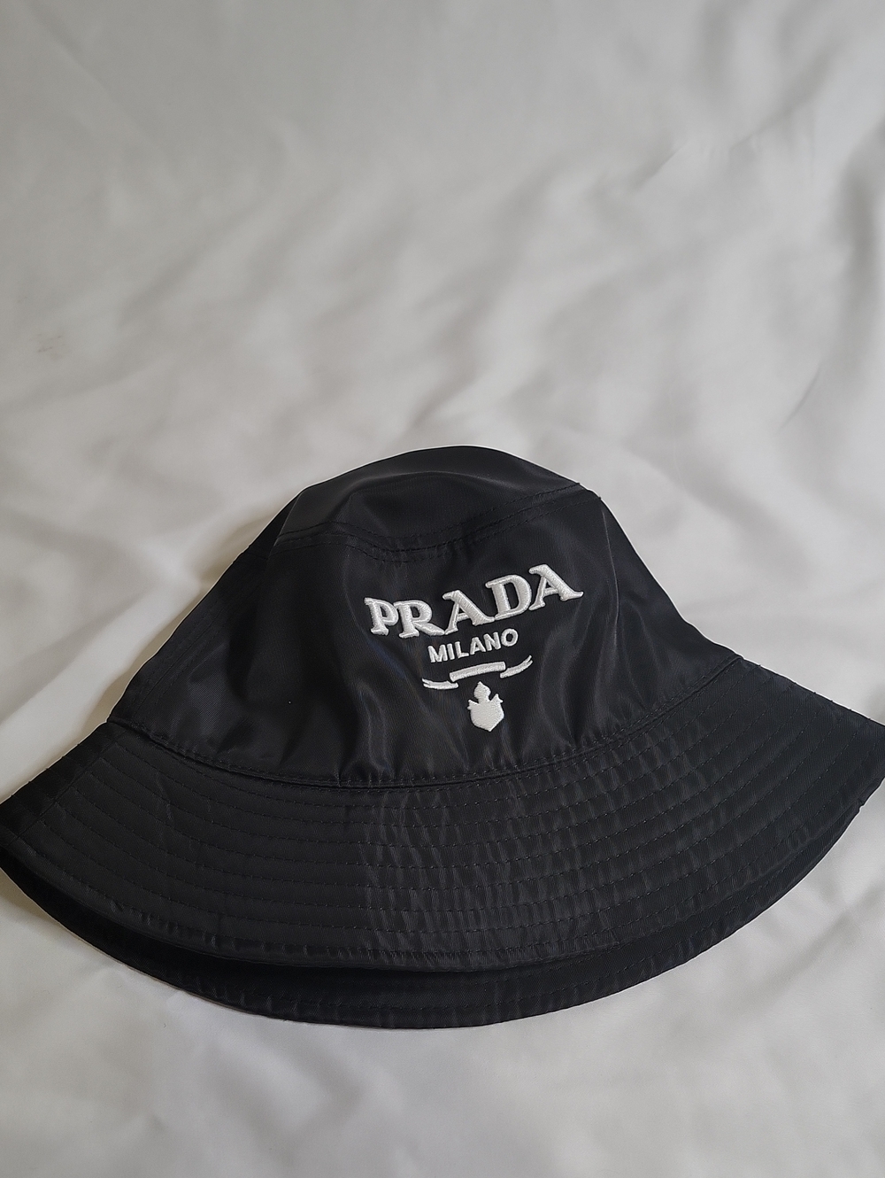 Prada Black Bucket Hat with White Embroidered Logo